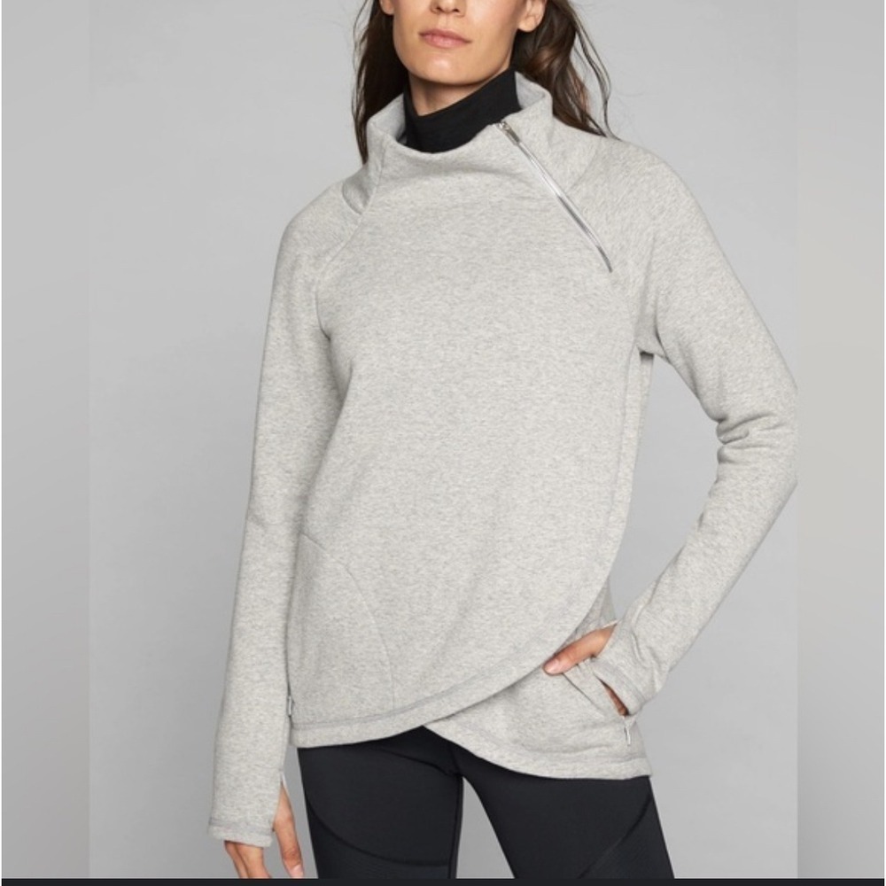 Athleta Cozy Karma Asym Pullover Light Gray Mock Neck Zip Sweatshirt Women Small